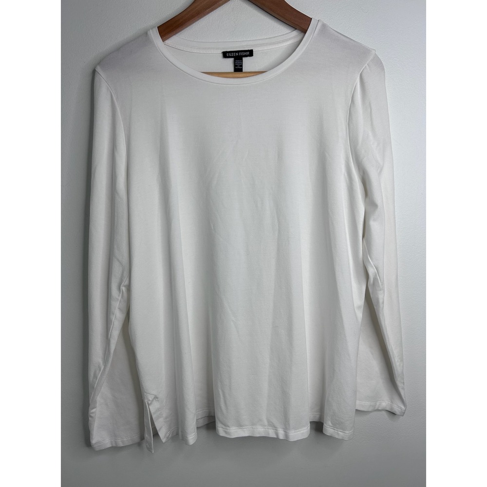 Eileen Fisher White Long Sleeve Crew Neck Top Sz L Stretchy Soft Coastal Luxury
